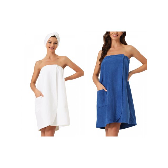 NOMADIC NOOK Women's 2 Pack Spa Towel Wrap Robe Bath Towel with Shower Cap Medium White/Blue
