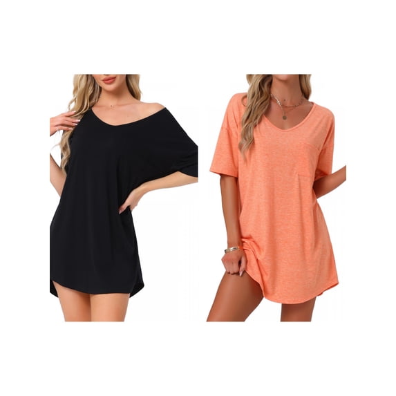 NOMADIC NOOK Women's Mother's Day 2 Pack Tee Nightgown V-Neck Sleep Shirt Comfy Oversized Nightshirt Large Black/Orange