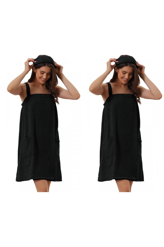 Women's 2 Pack Terry Wrap Spa Robe for Gym Pool Shower Bath Towel Robe Medium 2 Packs Black