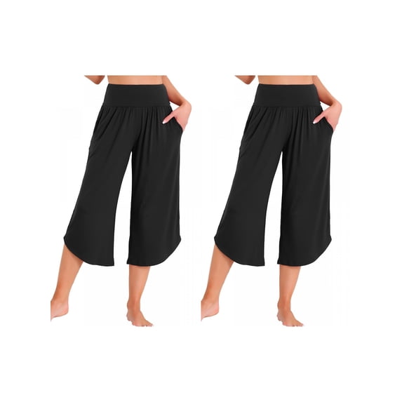 NOMADIC NOOK Women's 2 Pack Wide-Leg Lounge Yoga Capris with Pockets Casual Cropped Workout Pants Large 2 Packs Black