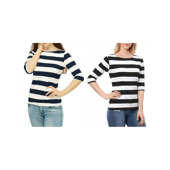 NOMADIC NOOK Women's 2 Packs Boat Neck Elbow Sleeves Slim Fit Stripes T-Shirt