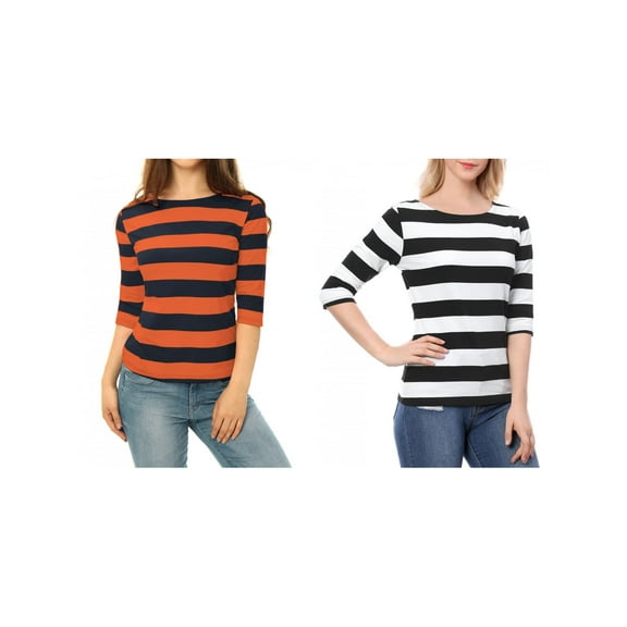 NOMADIC NOOK Women's 2 Packs Boat Neck Elbow Sleeves Slim Fit Stripes T-Shirt