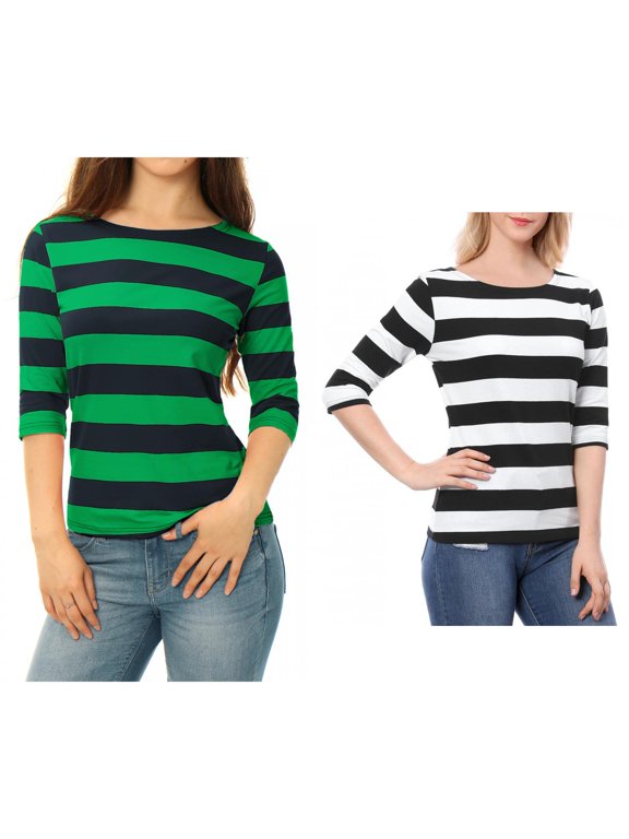 Women's 2 Packs Boat Neck Elbow Sleeves Slim Fit Stripes T-Shirt