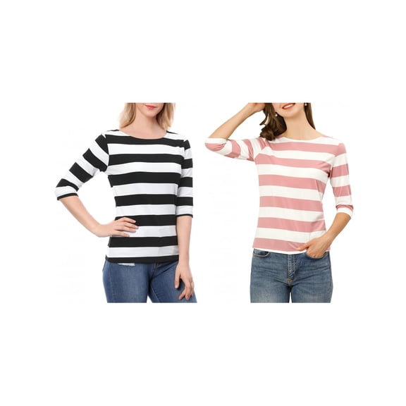 NOMADIC NOOK Women's 2 Packs Boat Neck Elbow Sleeves Slim Fit Stripes T-Shirt
