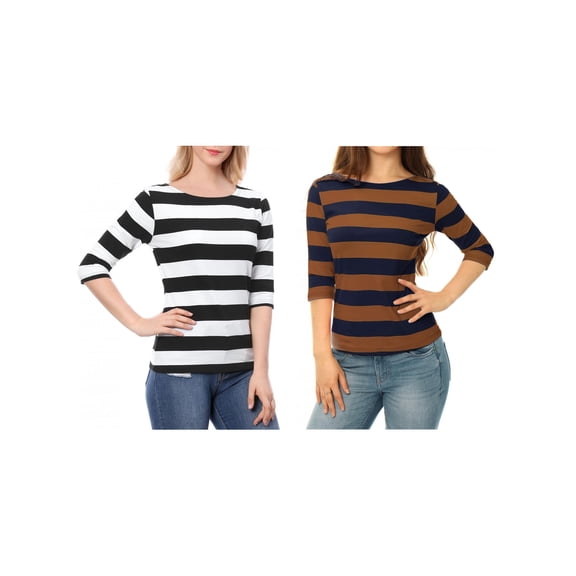NOMADIC NOOK Women's 2 Packs Boat Neck Elbow Sleeves Slim Fit Stripes T-Shirt