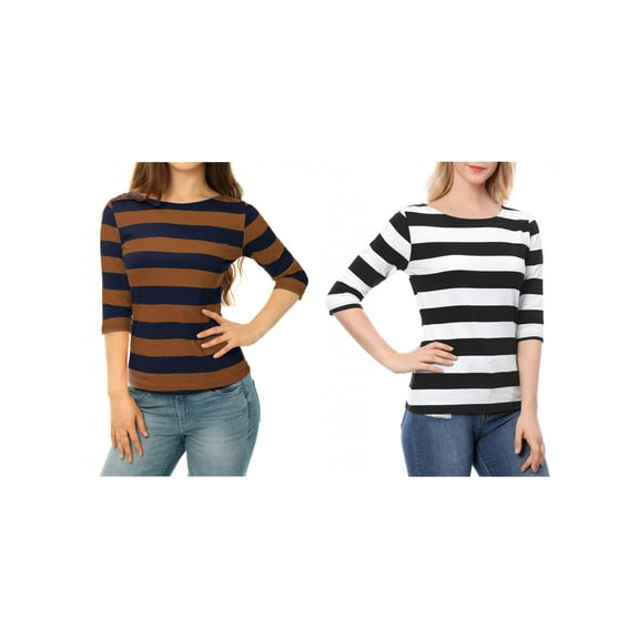 NOMADIC NOOK Women's 2 Packs Boat Neck Elbow Sleeves Slim Fit Stripes T-Shirt