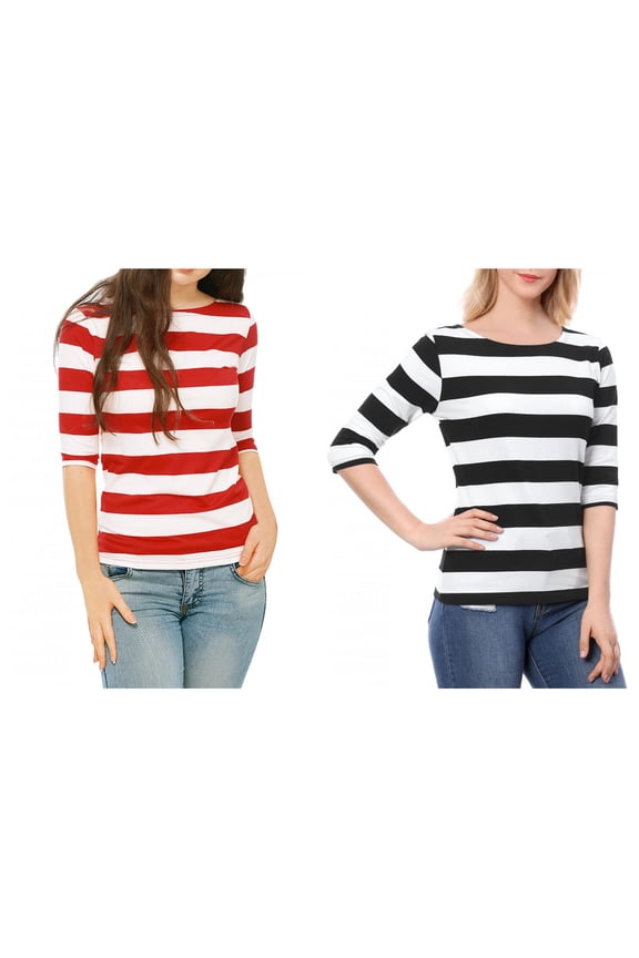 Women's 2 Packs Boat Neck Elbow Sleeves Slim Fit Stripes T-Shirt
