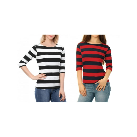 NOMADIC NOOK Women's 2 Packs Boat Neck Elbow Sleeves Slim Fit Stripes T-Shirt