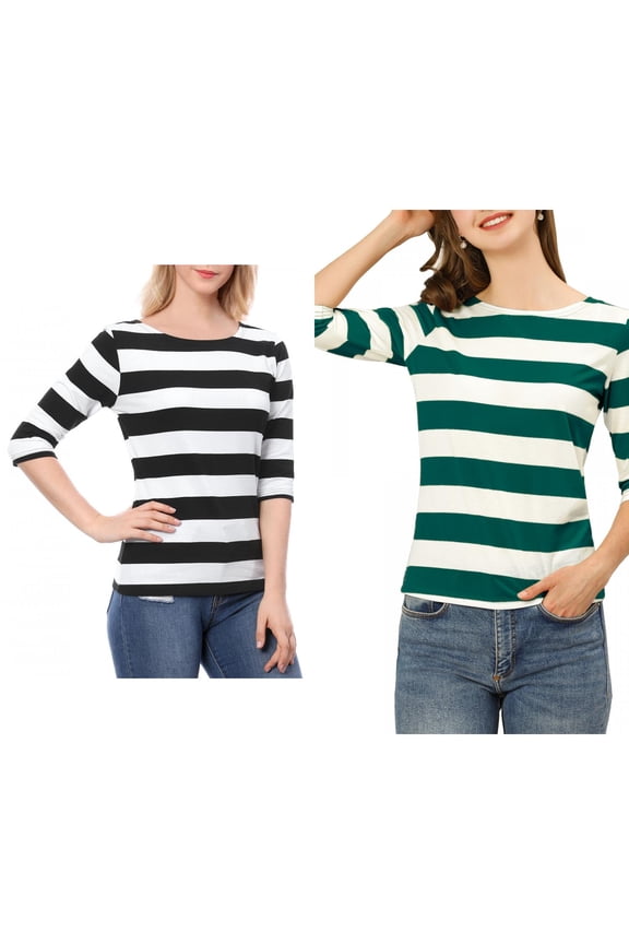 Women's 2 Packs Boat Neck Elbow Sleeves Slim Fit Stripes T-Shirt