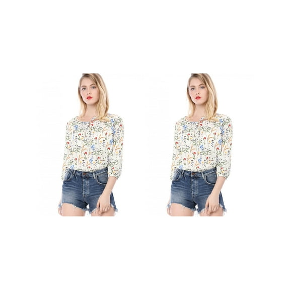 NOMADIC NOOK Women's 2 Packs Bow Tie Neck 3/4 Raglan Sleeve Floral Blouse