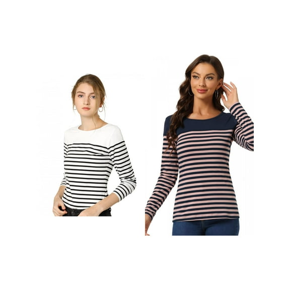NOMADIC NOOK Women's 2 Packs Color Block Long Sleeve Striped Causal T-Shirt