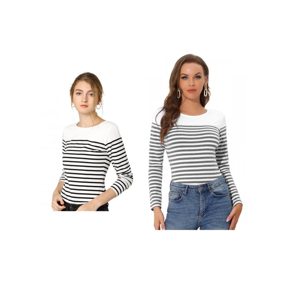 NOMADIC NOOK Women's 2 Packs Color Block Long Sleeve Striped Causal T-Shirt