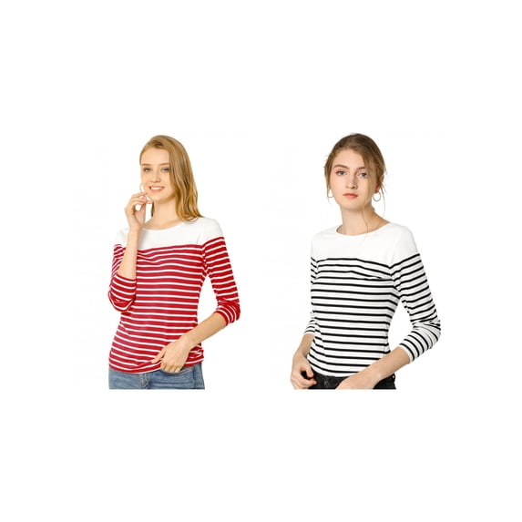NOMADIC NOOK Women's 2 Packs Color Block Long Sleeve Striped Causal T-Shirt