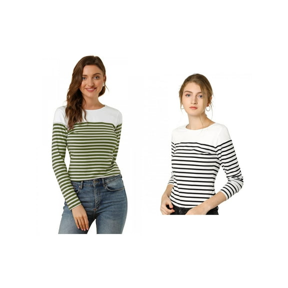 NOMADIC NOOK Women's 2 Packs Color Block Long Sleeve Striped Causal T-Shirt