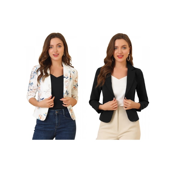 NOMADIC NOOK Women's 2 Packs Contrast Lining Open Front Floral Print Blazer Large Black-Solid/White-Floral
