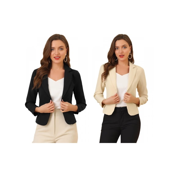 NOMADIC NOOK Women's 2 Packs Contrast Lining Open Front Floral Print Blazer Medium Black-Solid/Beige-Solid