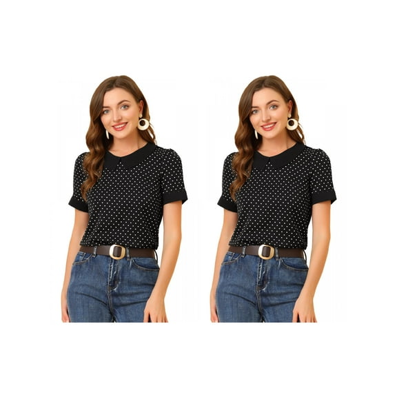 NOMADIC NOOK Women's 2 Packs Contrast Peter Pan Collar Polka Dots Short Sleeve Tops