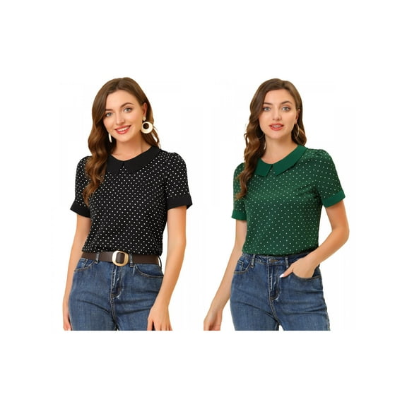 NOMADIC NOOK Women's 2 Packs Contrast Peter Pan Collar Polka Dots Short Sleeve Tops