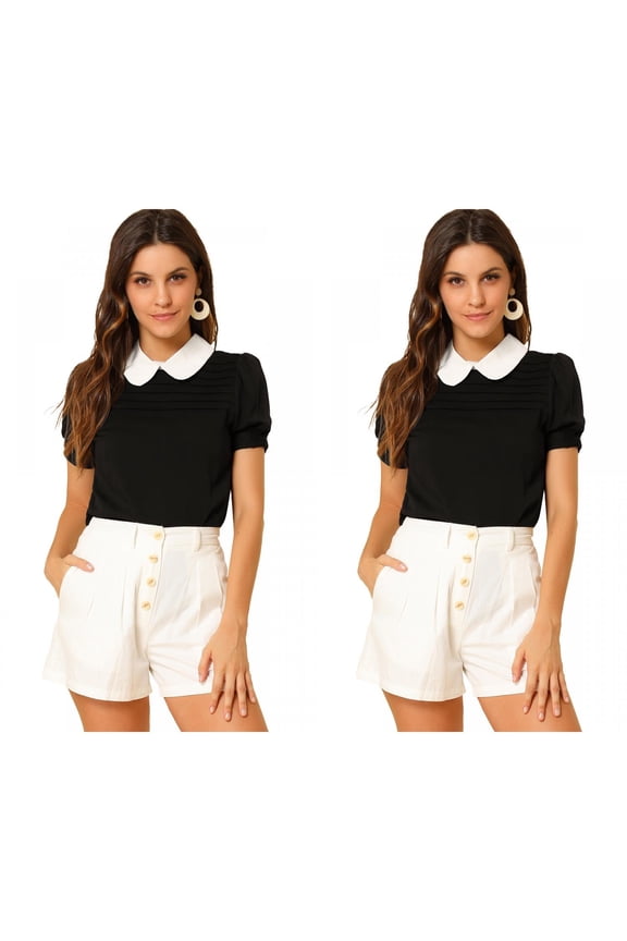 Women's 2 Packs Contrast Peter Pan Collar Puff Short Sleeve Pleated Blosue