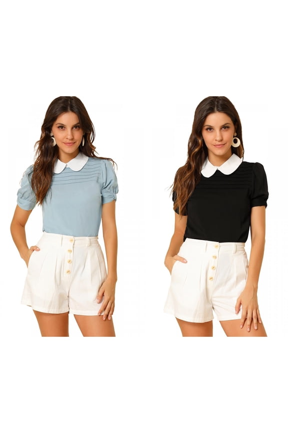 Women's 2 Packs Contrast Peter Pan Collar Puff Short Sleeve Pleated Blosue