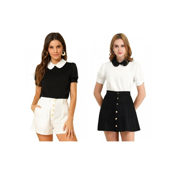 NOMADIC NOOK Women's 2 Packs Contrast Peter Pan Collar Puff Short Sleeve Pleated Blosue
