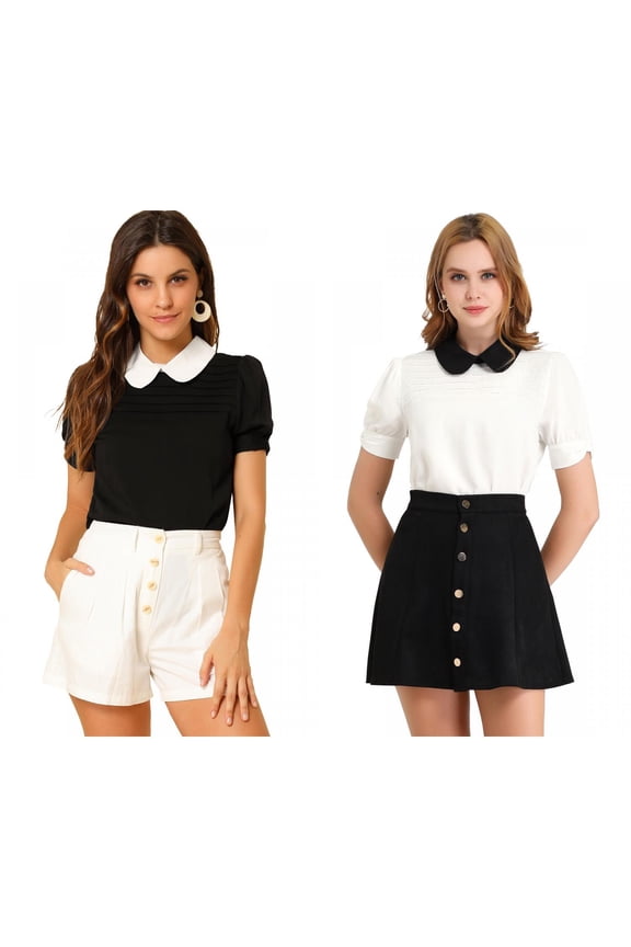Women's 2 Packs Contrast Peter Pan Collar Puff Short Sleeve Pleated Blosue