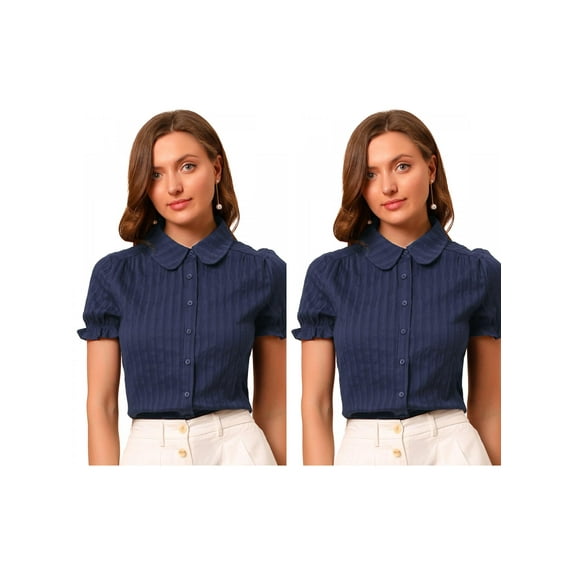 NOMADIC NOOK Women's 2 Packs Cotton Frilled Top Turndown Collar Striped Blouse XS Blue/Blue