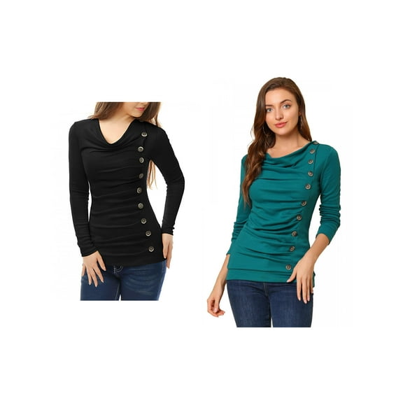 NOMADIC NOOK Women's 2 Packs Cowl Neck Buttons Decor Long Sleeves Ruched Blouse