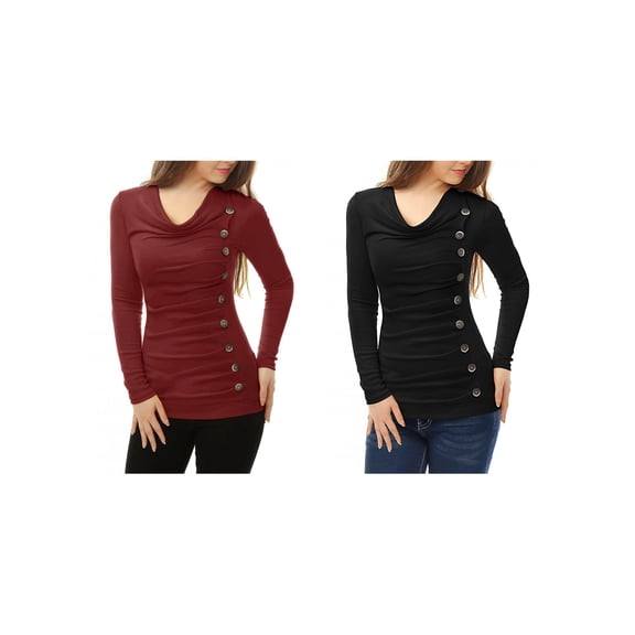 NOMADIC NOOK Women's 2 Packs Cowl Neck Buttons Decor Long Sleeves Ruched Blouse