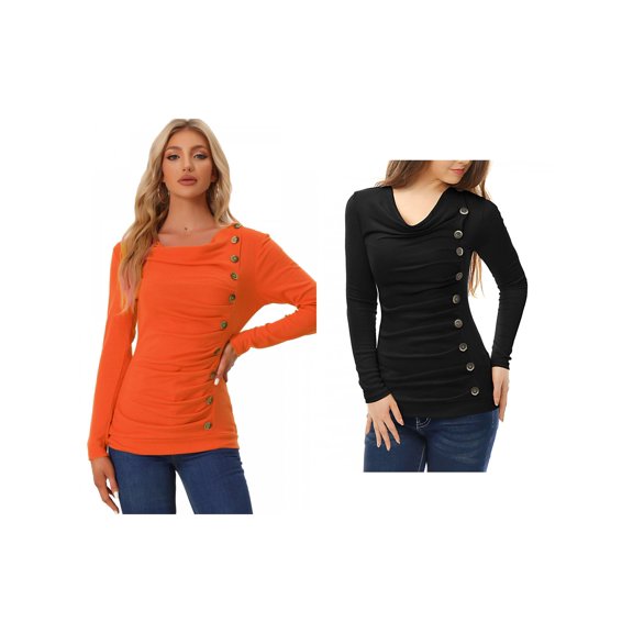NOMADIC NOOK Women's 2 Packs Cowl Neck Buttons Decor Long Sleeves Ruched Blouse