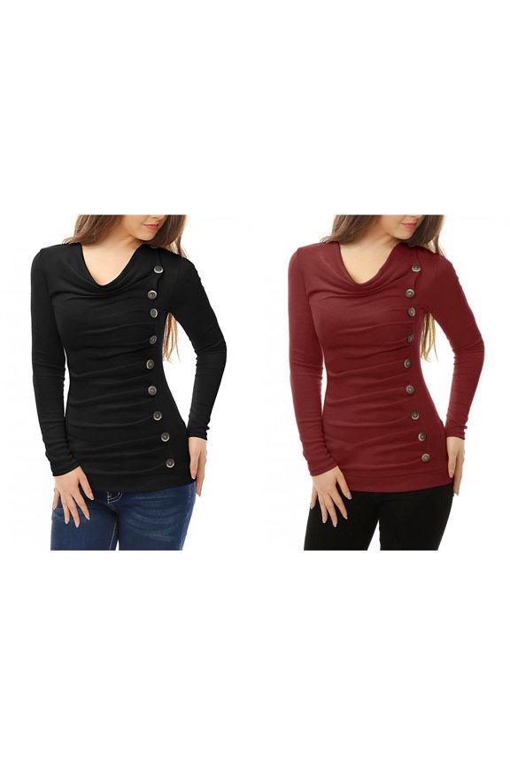 Women's 2 Packs Cowl Neck Buttons Decor Long Sleeves Ruched Blouse