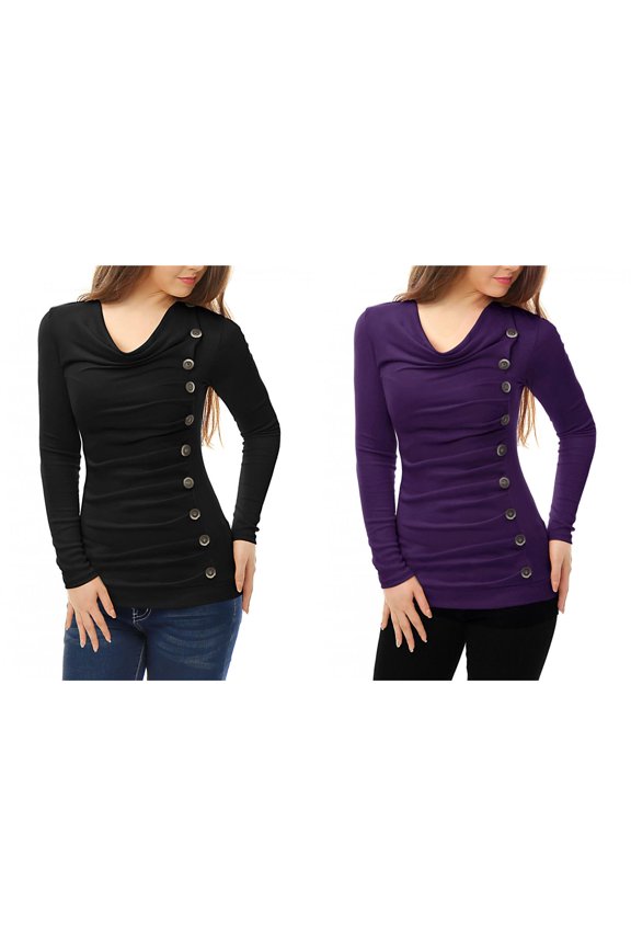 Women's 2 Packs Cowl Neck Buttons Decor Long Sleeves Ruched Blouse
