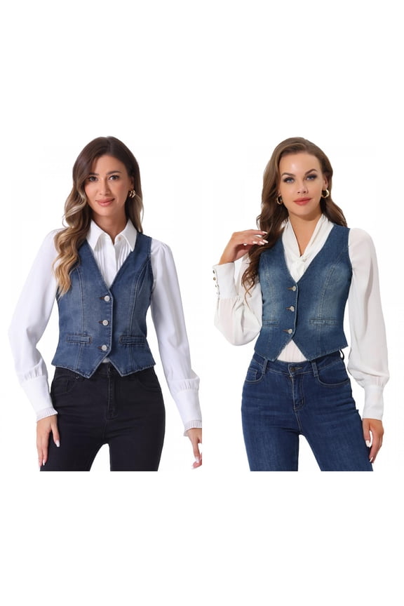 Women's 2 Packs Denim Vest V Neck Button Down Sleeveless Casual Jean Jacket Medium Dark Blue/Blue