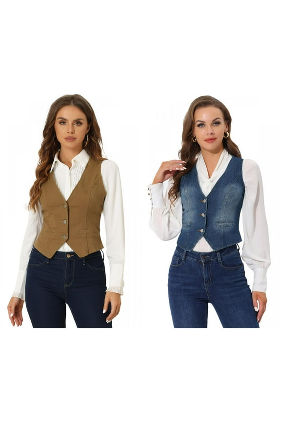 Women's 2 Packs Denim Vest V Neck Button Down Sleeveless Casual Jean Jacket Medium Dark Blue/Brown
