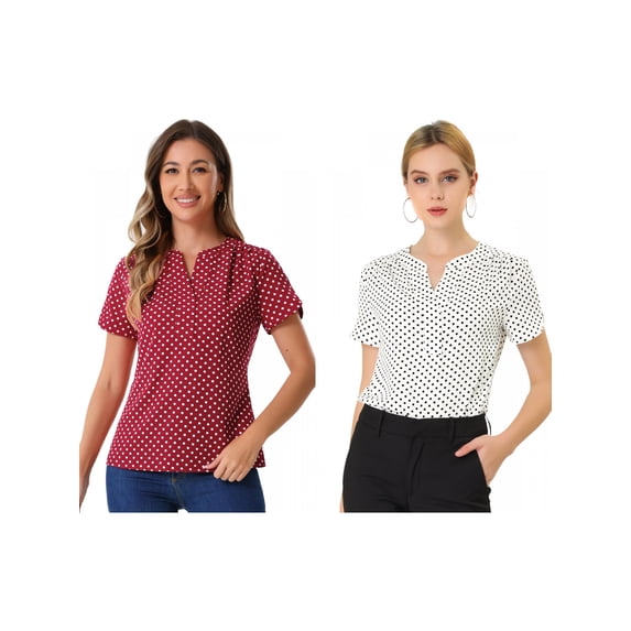 NOMADIC NOOK Women's 2 Packs Dots Printed V Neck Short Sleeve Work Office Blouse Top