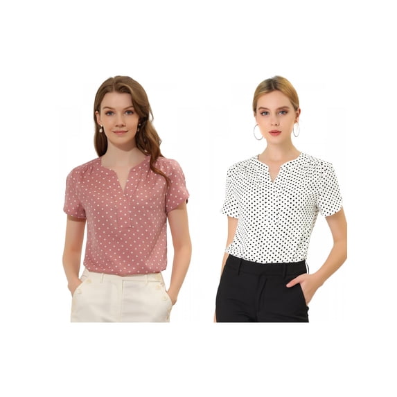NOMADIC NOOK Women's 2 Packs Dots Printed V Neck Short Sleeve Work Office Blouse Top