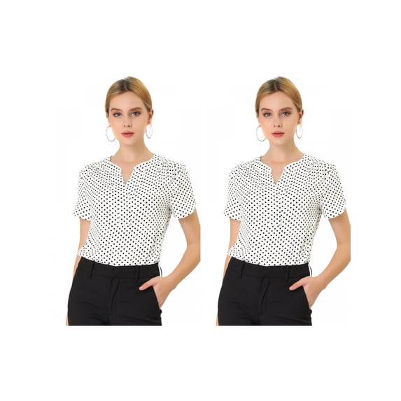 NOMADIC NOOK Women's 2 Packs Dots Printed V Neck Short Sleeve Work Office Blouse Top