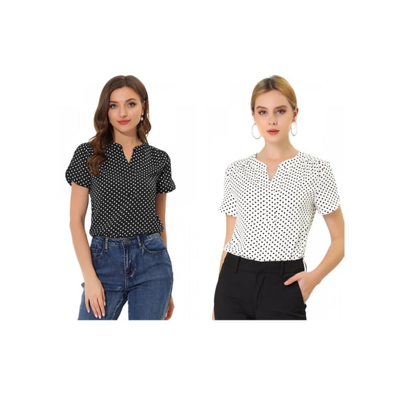 NOMADIC NOOK Women's 2 Packs Dots Printed V Neck Short Sleeve Work Office Blouse Top
