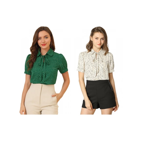 NOMADIC NOOK Women's 2 Packs Dots Short Sleeve Bow Tie Peter Pan Collar Chiffon Blouse