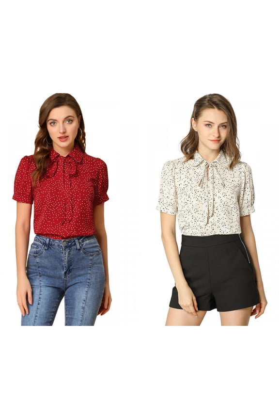 Women's 2 Packs Dots Short Sleeve Bow Tie Peter Pan Collar Chiffon Blouse