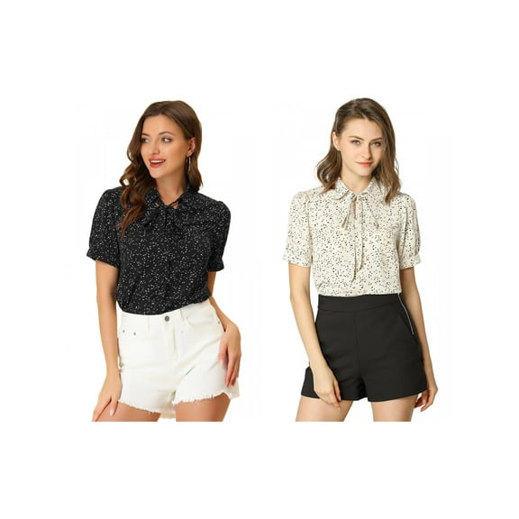 NOMADIC NOOK Women's 2 Packs Dots Short Sleeve Bow Tie Peter Pan Collar Chiffon Blouse