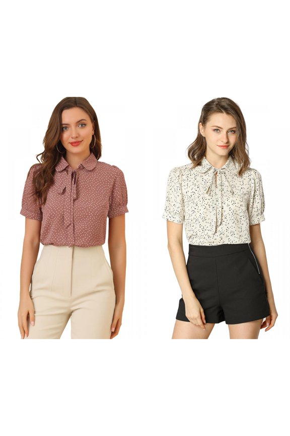 Women's 2 Packs Dots Short Sleeve Bow Tie Peter Pan Collar Chiffon Blouse