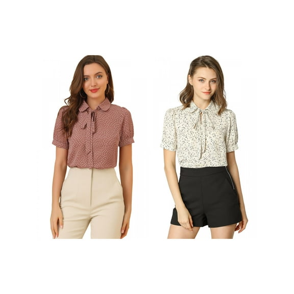 NOMADIC NOOK Women's 2 Packs Dots Short Sleeve Bow Tie Peter Pan Collar Chiffon Blouse