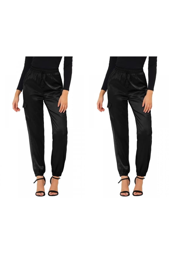 Women's 2 Packs Drawstring Elastic High Rise Silky Satin Cargo Solid Pants