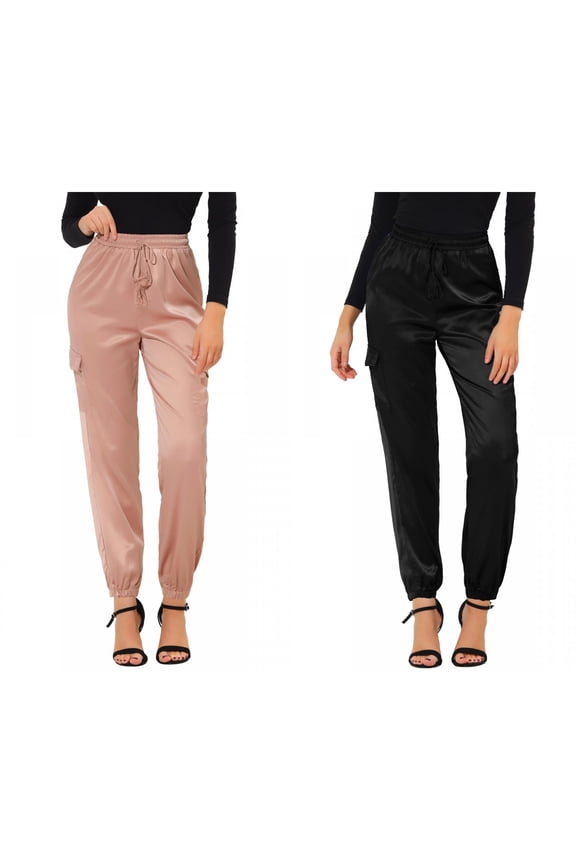 Women's 2 Packs Drawstring Elastic High Rise Silky Satin Cargo Solid Pants