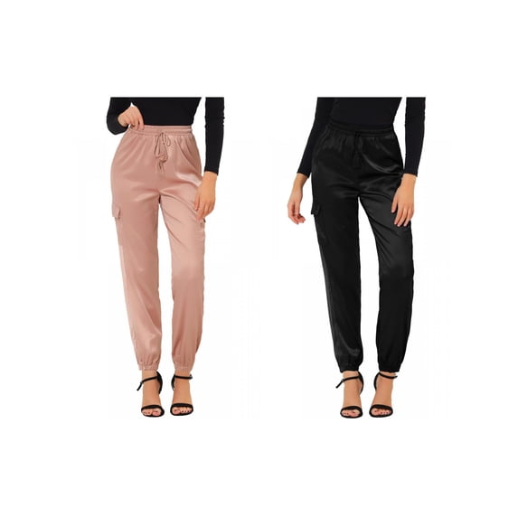 NOMADIC NOOK Women's 2 Packs Drawstring Elastic High Rise Silky Satin Cargo Solid Pants