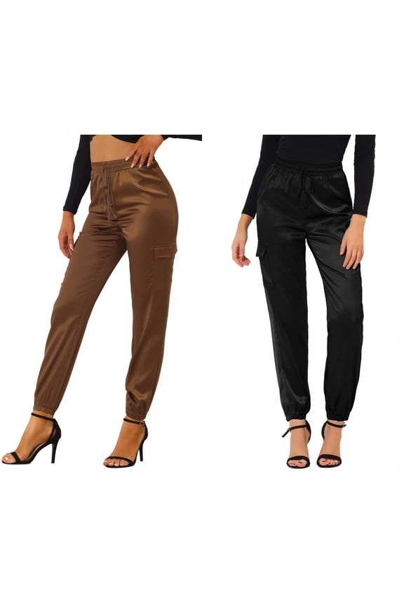 Women's 2 Packs Drawstring Elastic High Rise Silky Satin Cargo Solid Pants