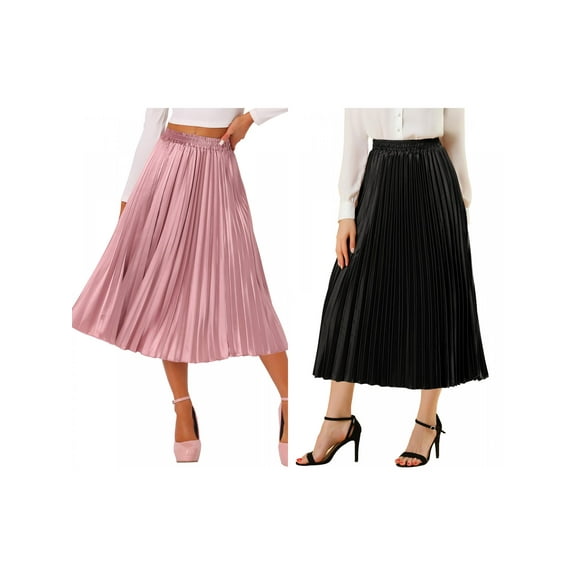 NOMADIC NOOK Women's 2 Packs Elastic Waist Metallic Shiny Accordion Pleated Midi Skirt