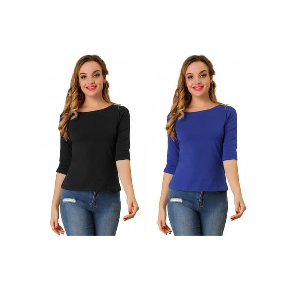 NOMADIC NOOK Women's 2 Packs Elbow Sleeves Boat Neck Slim Fit Classic Tee