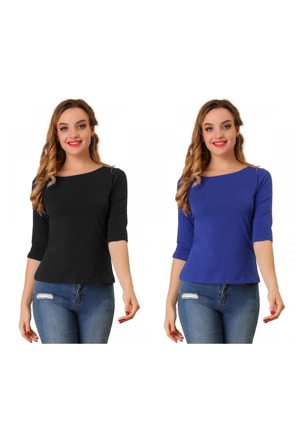 Women's 2 Packs Elbow Sleeves Boat Neck Slim Fit Classic Tee